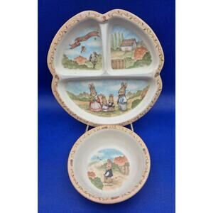 Vintage PECO Melamine Sweet Bunny Family Child Dishes Divided Plate Bowl Taiwan